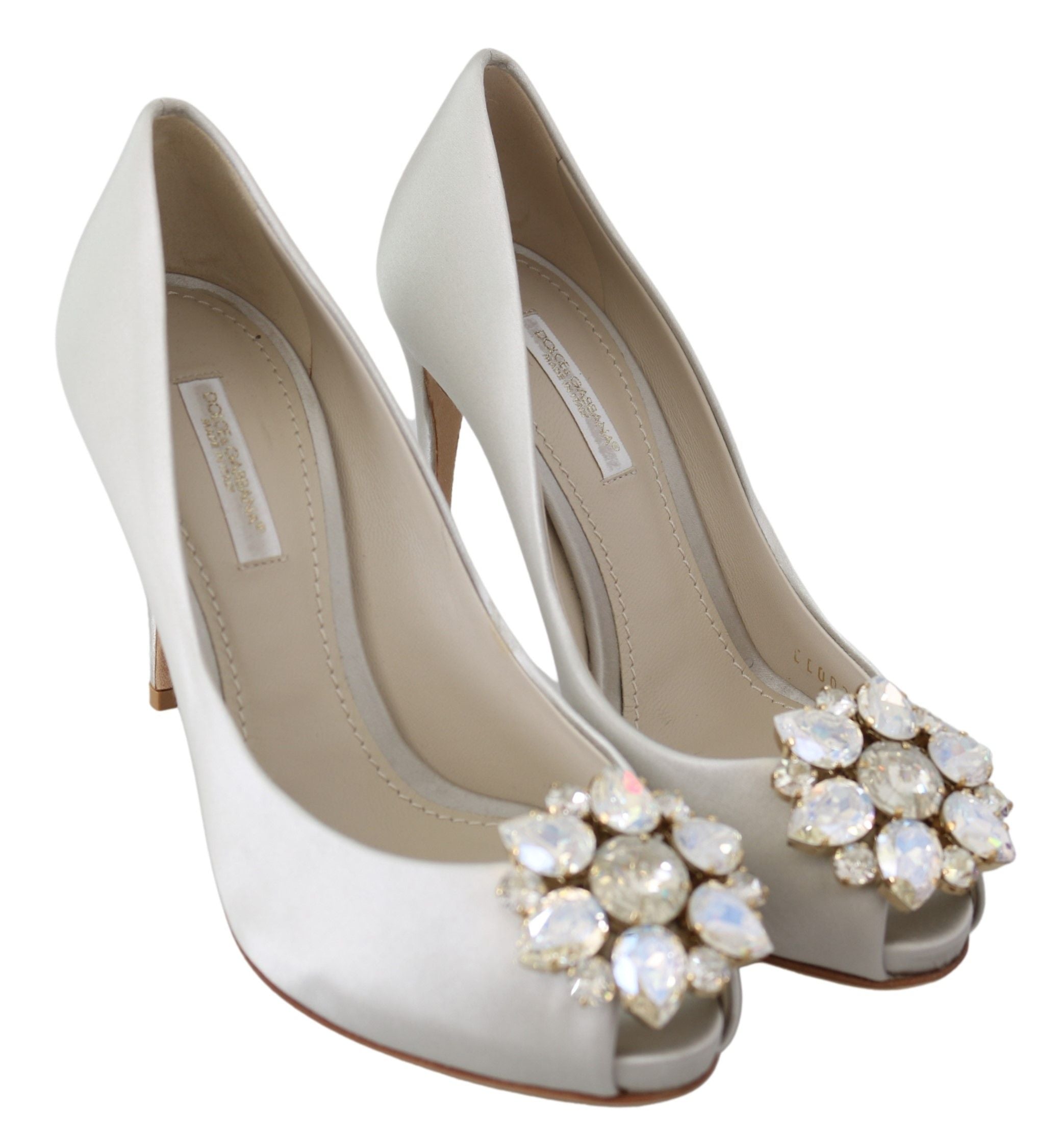Dolce & Gabbana Weiße Kristall Peep Toe Heels Satin Pumps Schuhe
