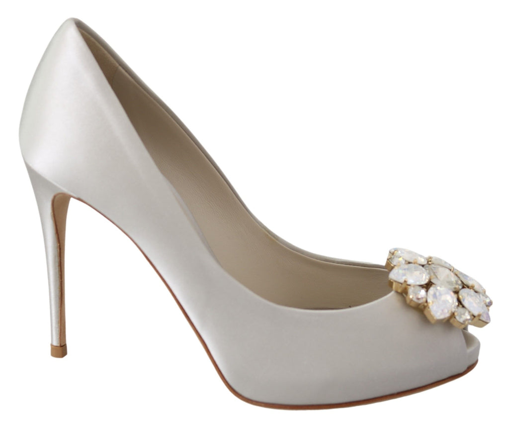 Dolce & Gabbana Weiße Kristall Peep Toe Heels Satin Pumps Schuhe
