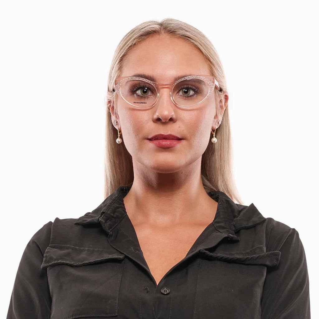 Lunettes roses pour femmes de la marque Dsquared², monture élégante et moderne, vue de face.