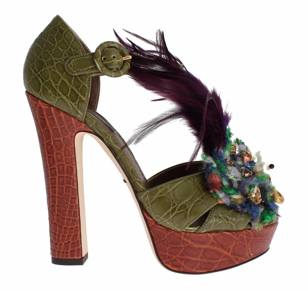 Dolce & Gabbana Grüne Leder Plateau-Sandalen mit Kristallverzierung