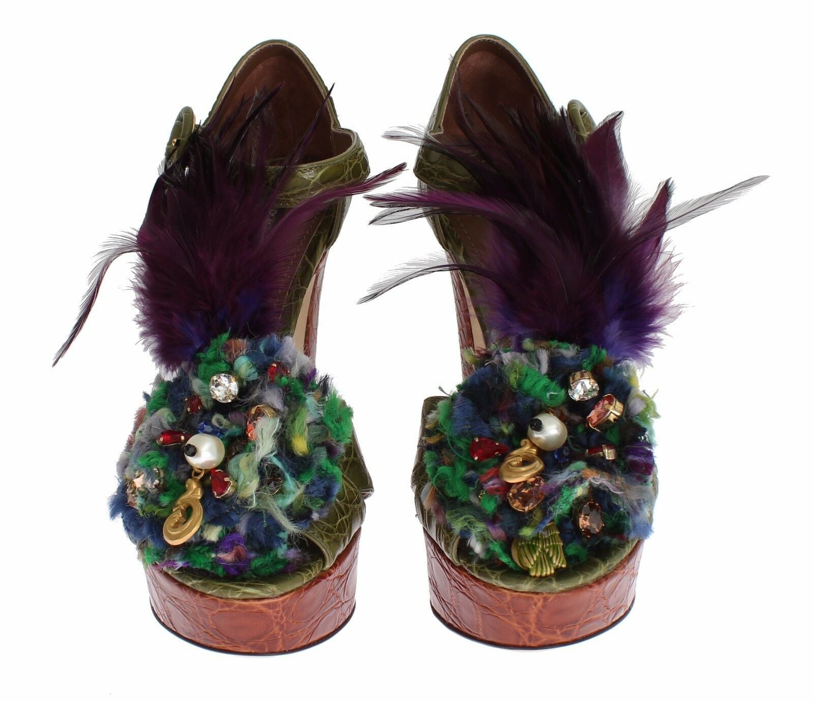Dolce & Gabbana Grüne Leder Plateau-Sandalen mit Kristallverzierung