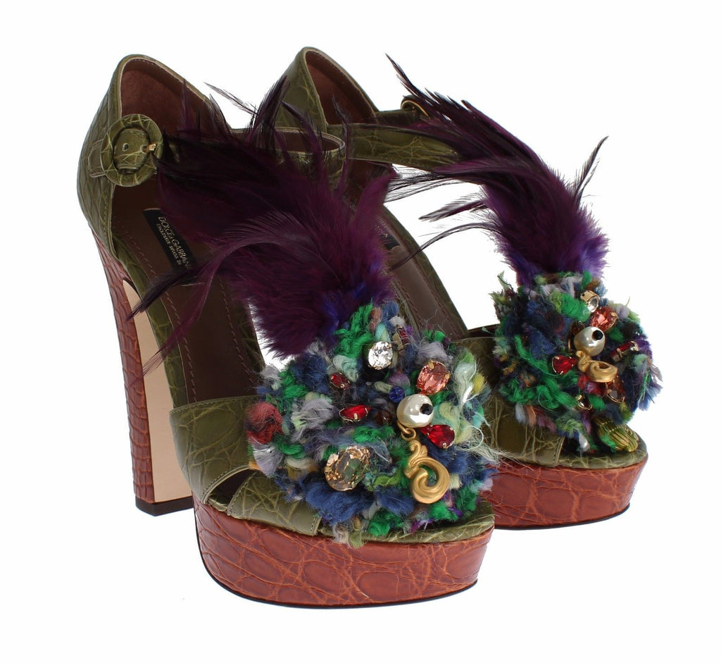 Dolce & Gabbana Grüne Leder Plateau-Sandalen mit Kristallverzierung
