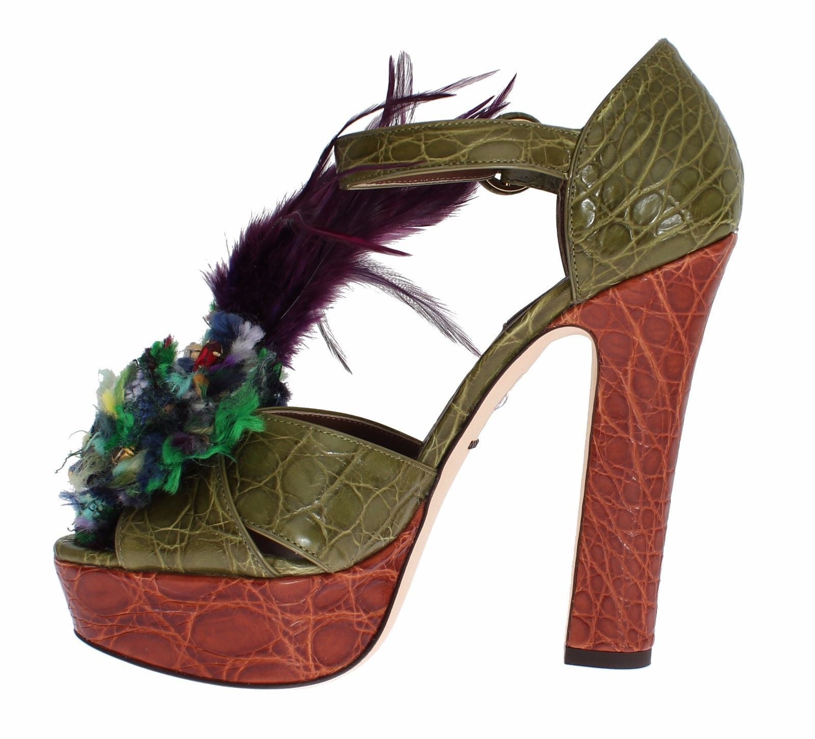 Dolce & Gabbana Grüne Leder Plateau-Sandalen mit Kristallverzierung