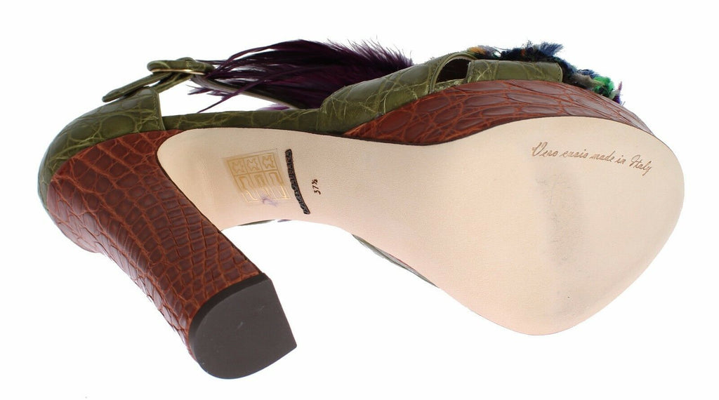 Dolce & Gabbana Grüne Leder Plateau-Sandalen mit Kristallverzierung