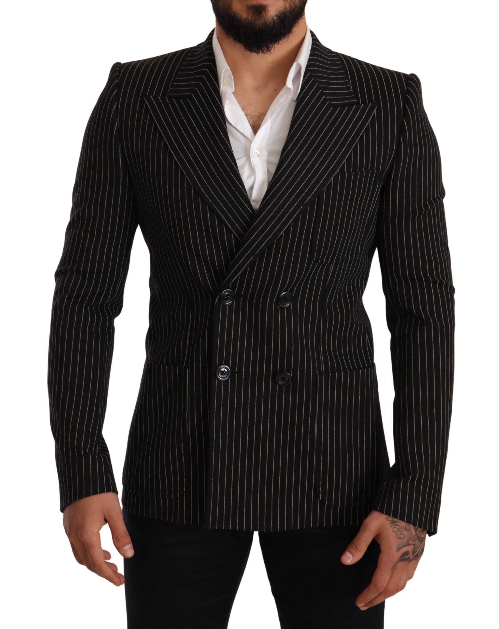 Dolce & Gabbana Dark Gray White Striped Slim Fit Coat Blazer
