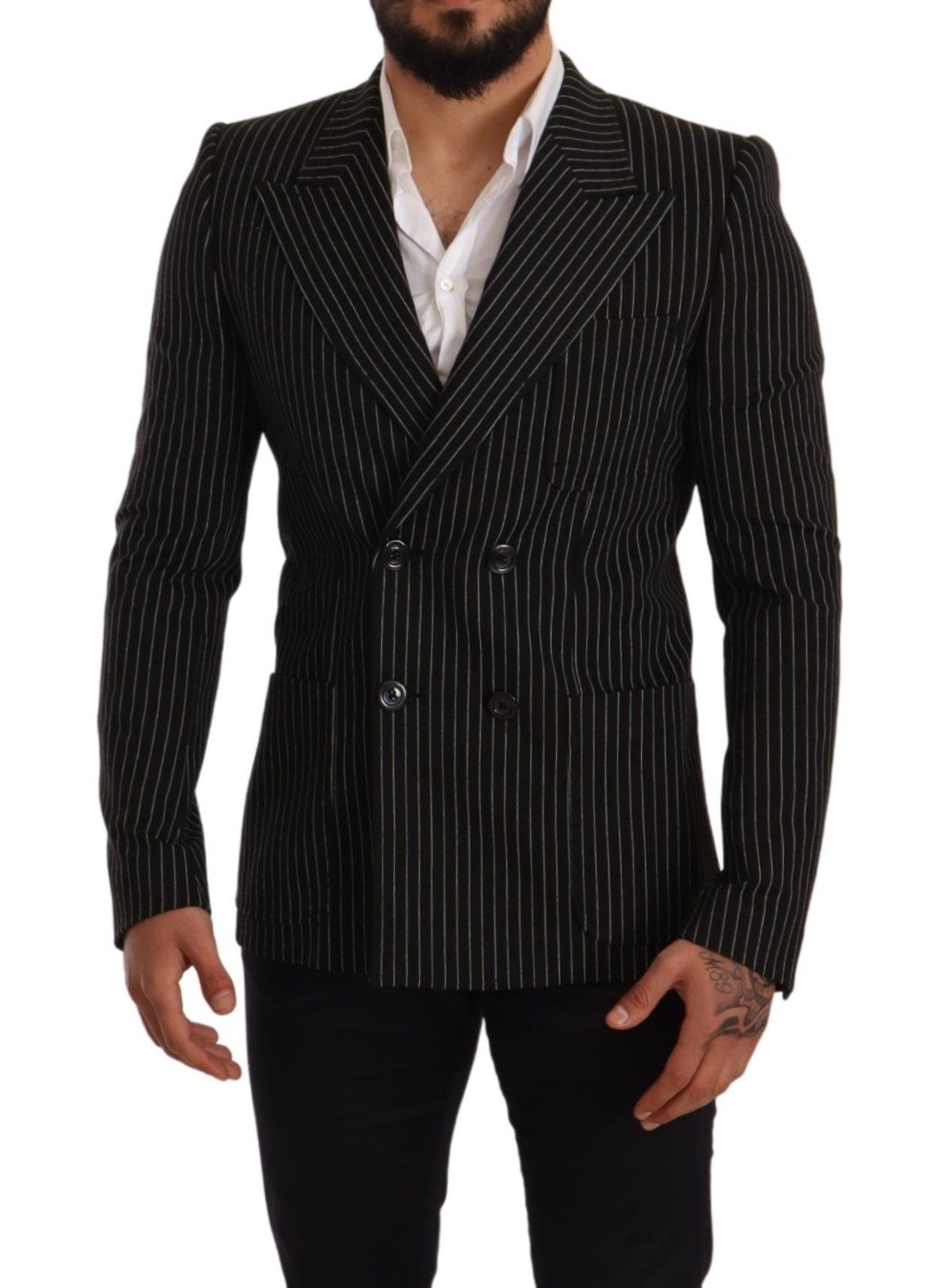 Dolce & Gabbana Dark Gray White Striped Slim Fit Coat Blazer