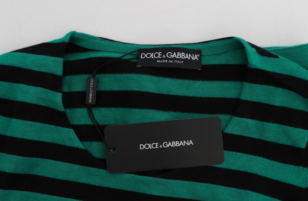 Pull en soie et cachemire vert et noir Dolce & Gabbana, doux et élégant, visible avec col et manches longues.