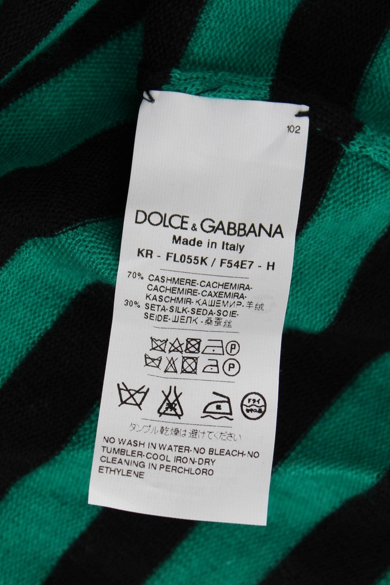 Pull en soie et cachemire vert et noir de Dolce & Gabbana, design élégant avec logo brodé.