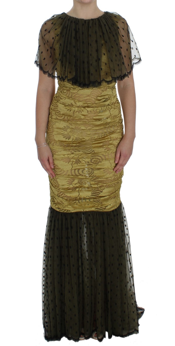 Robe longue Dolce & Gabbana en dentelle florale jaune et noire avec ricamo, élégante et raffinée.