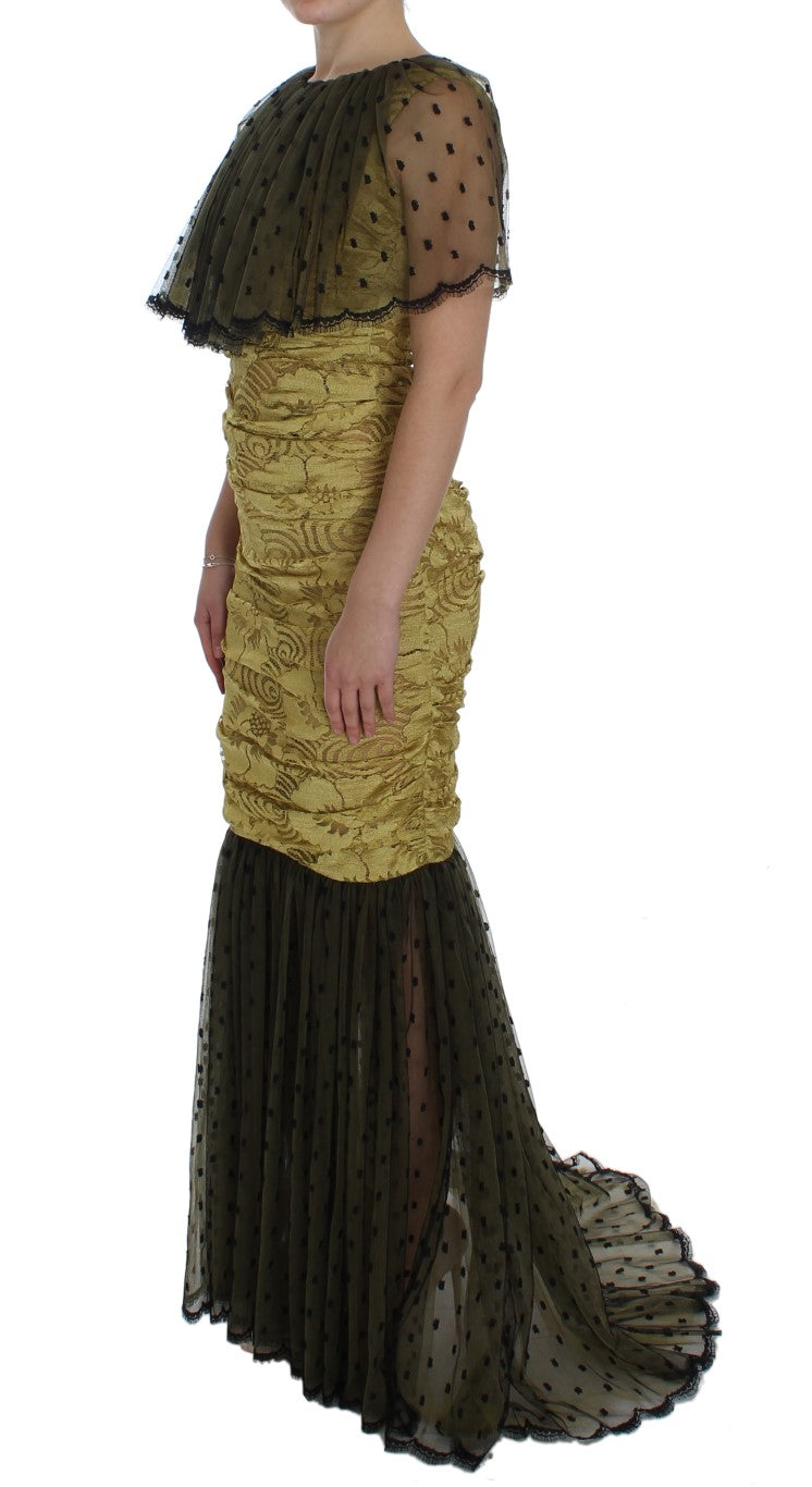 Robe longue Dolce & Gabbana en dentelle florale jaune et noire avec broderie Ricamo, élégante et sophistiquée.