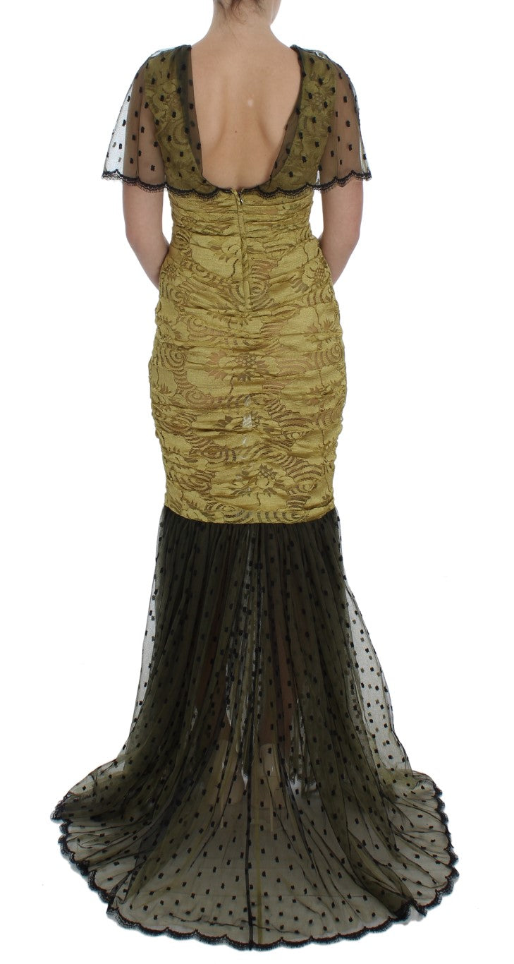 Robe longue Dolce & Gabbana en dentelle florale jaune et noire avec détails en ricamo, élégante et sophistiquée.