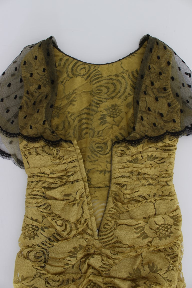 Robe longue Dolce & Gabbana en dentelle florale jaune et noire avec ricamo, élégante et sophistiquée.