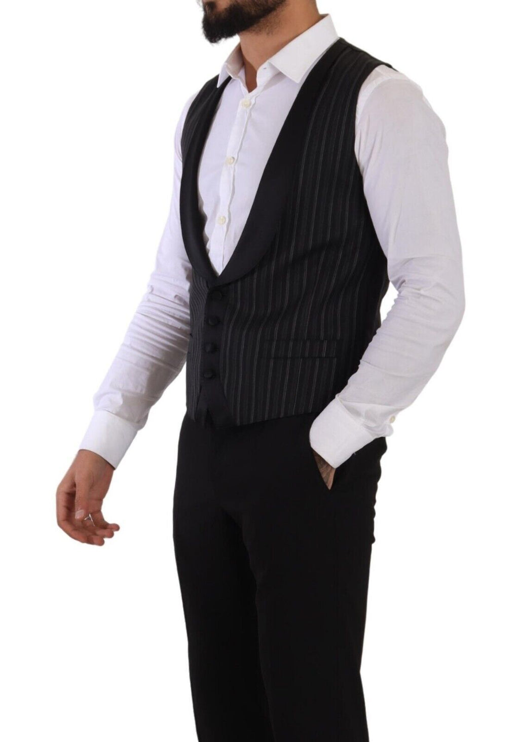 Dolce & Gabbana Dark Gray Striped Wool Silk Waistcoat Vest