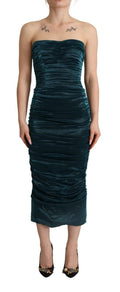 Robe midi bustier Dolce & Gabbana turquoise avec drapés et corsage, tissu élégant et détails sophistiqués.