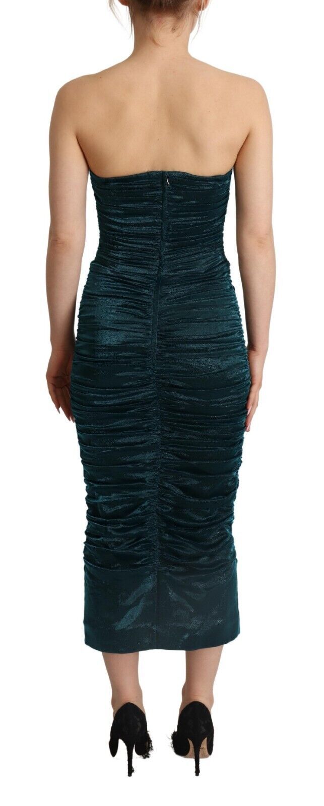 Robe midi bustier turquoise Dolce & Gabbana avec drapé en tissu, ajustée et élégante, pour une tenue sophistiquée.