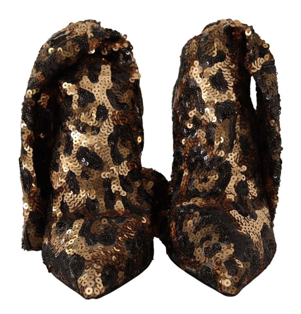 Chaussures à talons Dolce & Gabbana en sequins dorés à motif léopard, bottines élégantes avec talons hauts.