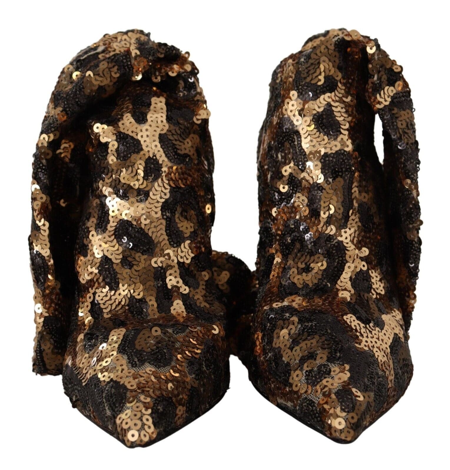 Chaussures à talons Dolce & Gabbana en sequins dorés à motif léopard, bottines élégantes avec talons hauts.
