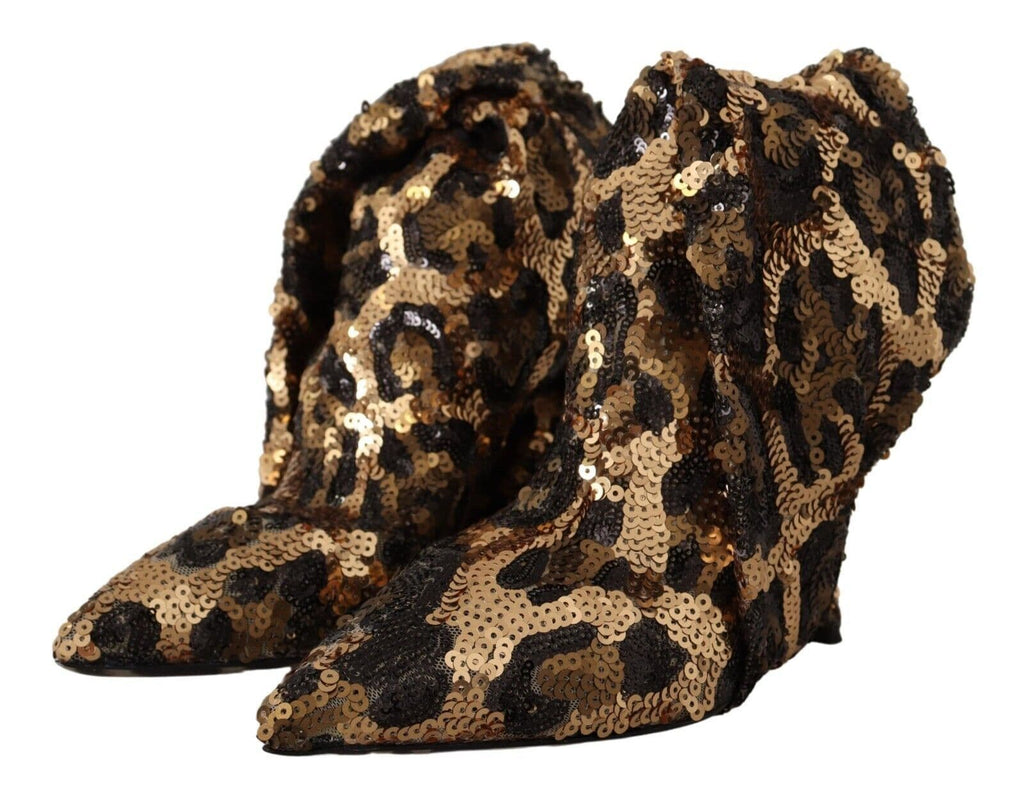 Chaussures à talons Dolce & Gabbana en sequins or à motif léopard, bottines élégantes et brillantes.