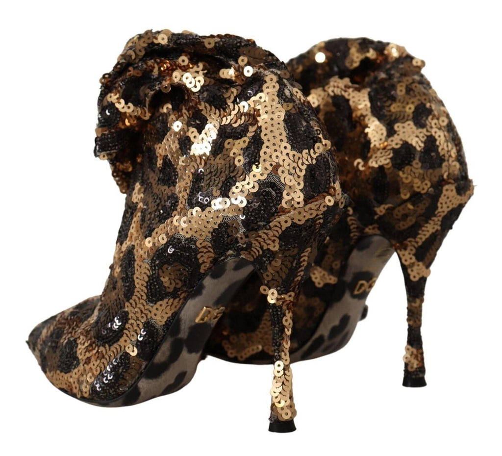 Chaussures à talons Dolce & Gabbana Dorées à sequins léopard, bottines élégantes et brillantes.