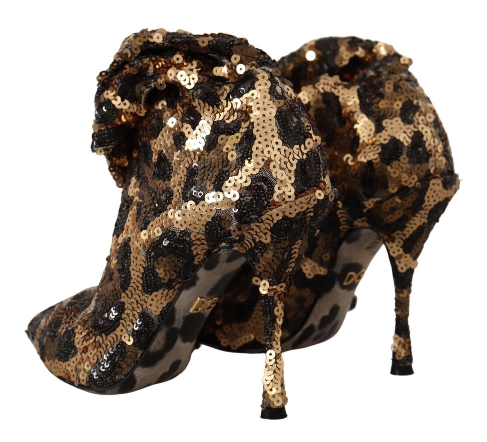 Chaussures à talons Dolce & Gabbana Dorées à sequins léopard, bottines élégantes et brillantes.