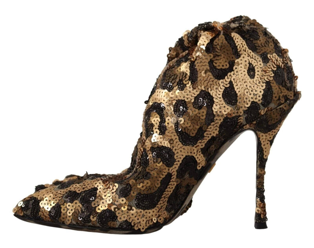 Chaussures à talons Dolce & Gabbana or avec sequins léopard, bottines élégantes en cuir brillant.