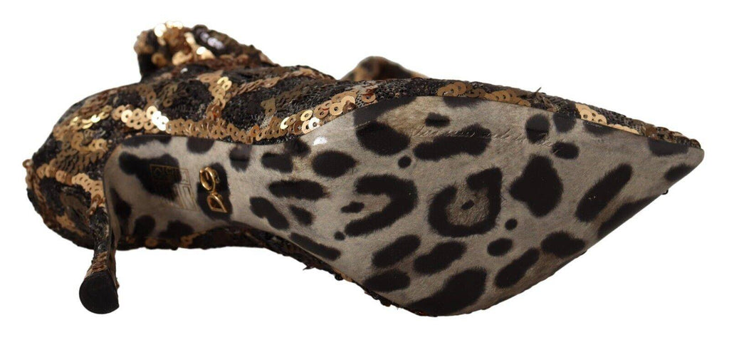 Chaussures à talons Dolce & Gabbana en sequins dorés avec motif léopard, bottines élégantes et brillantes.