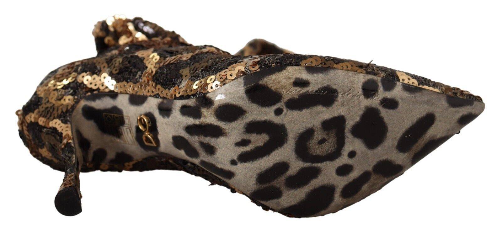 Chaussures à talons Dolce & Gabbana en sequins dorés avec motif léopard, bottines élégantes et brillantes.