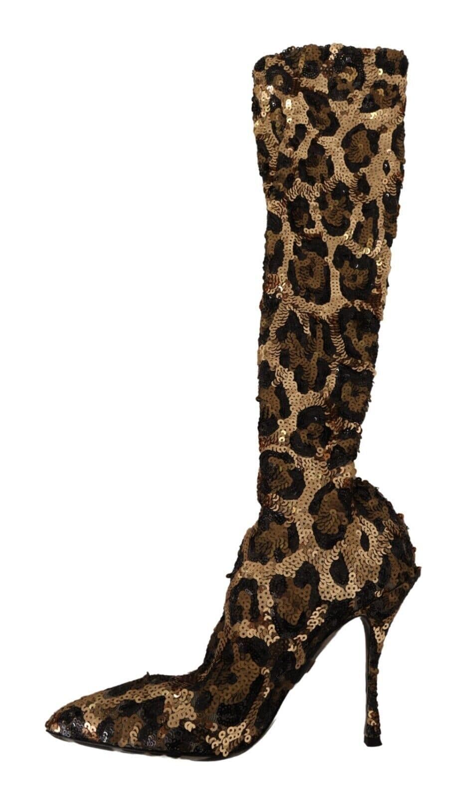 Chaussures à talons Dolce & Gabbana en sequins or et léopard, style bottines élégantes et brillantes.