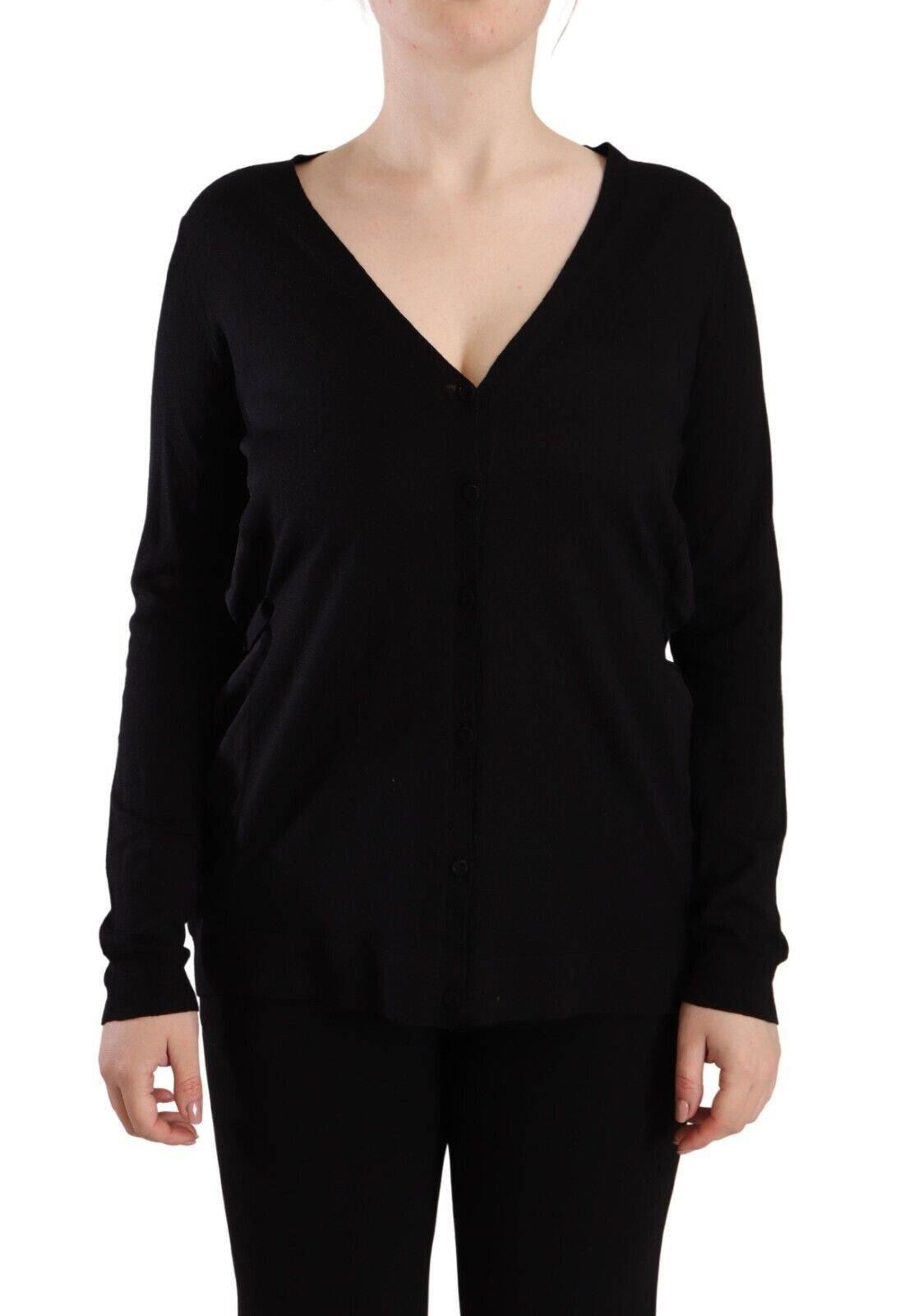 Pull noir en laine à col en V à manches longues de Dolce & Gabbana, style élégant et confortable.