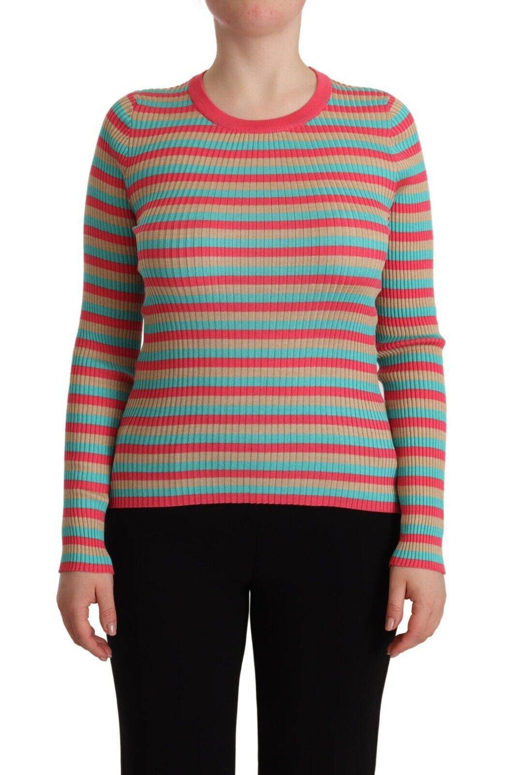 Pull à col rond en soie Dolce & Gabbana à rayures multicolores, confortable et élégant, idéal pour un look sophistiqué.