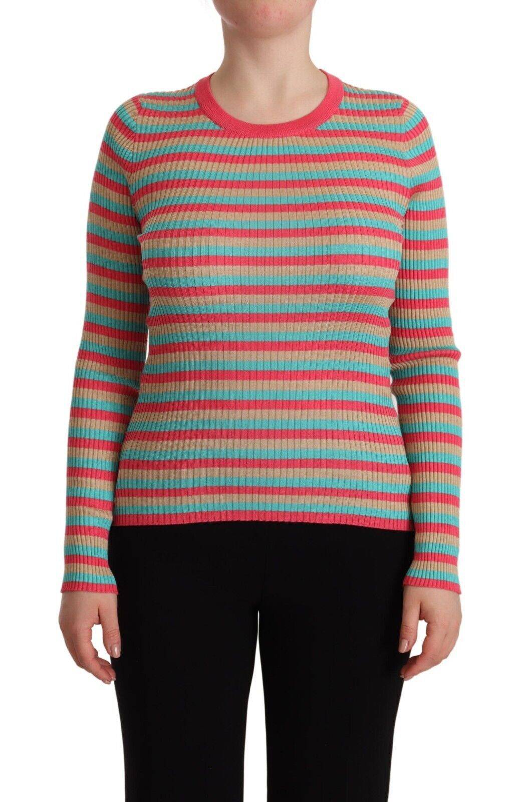 Pull à col rond en soie Dolce & Gabbana à rayures multicolores, confortable et élégant, idéal pour un look sophistiqué.