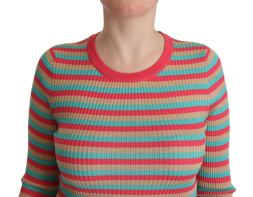 Pull-over en soie Dolce & Gabbana à rayures multicolores, col rond, style élégant et confortable.