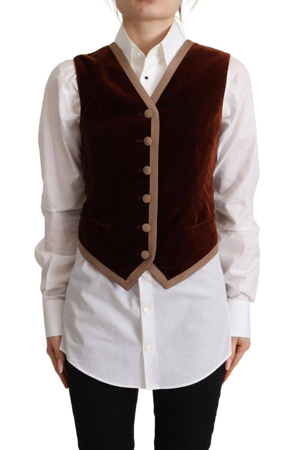 Gilet sans manches en velours bordeaux et coton Dolce & Gabbana, V-neck élégant, vue de face.