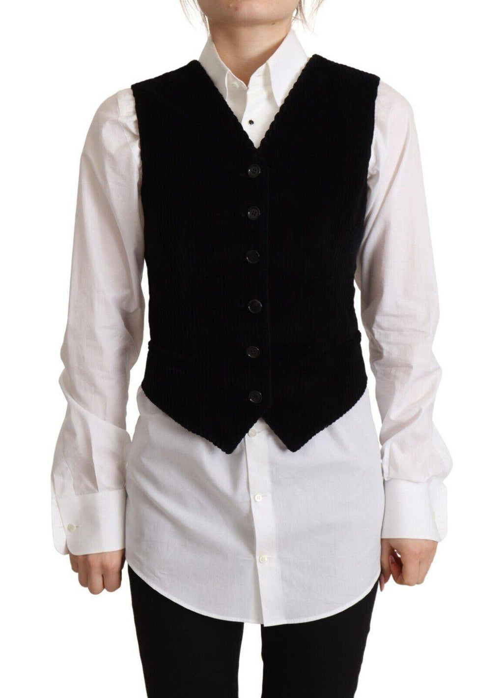 Gilet noir en velours côtelé à col en V et motif léopard de Dolce & Gabbana, avec boutons.