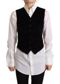 Gilet noir en velours côtelé à col en V et motif léopard de Dolce & Gabbana, avec boutons.