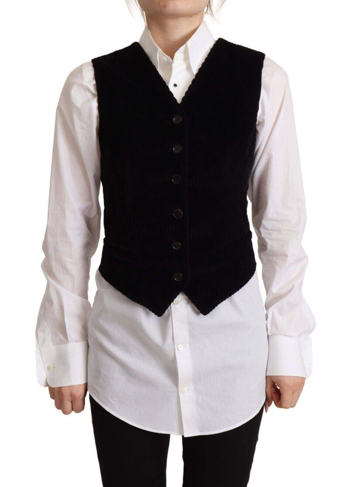 Gilet noir en velours côtelé à col en V et motif léopard de Dolce & Gabbana, avec boutons.