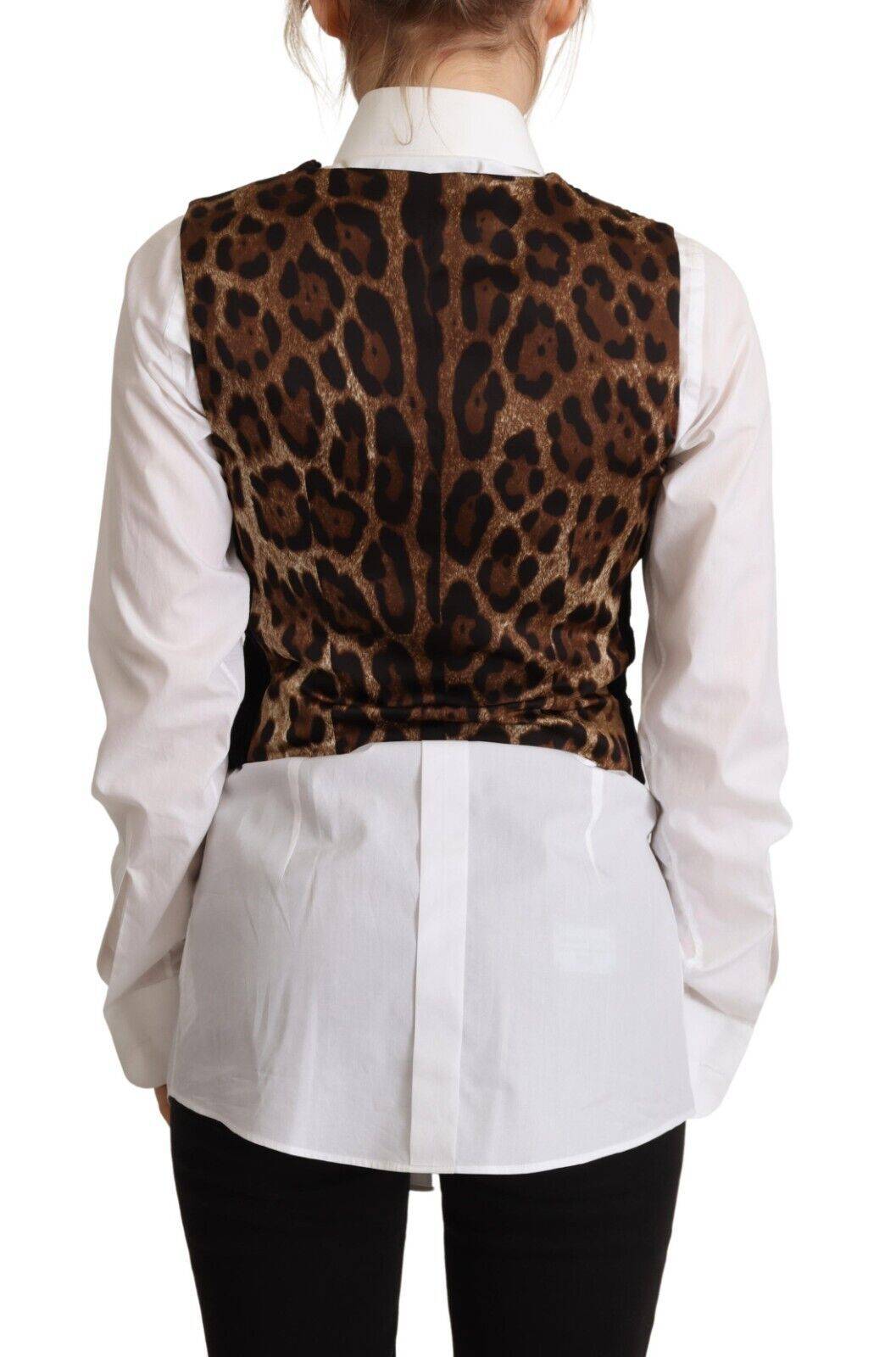 Veste sans manches en velours côtelé noir à col en V avec motif léopard de Dolce & Gabbana
