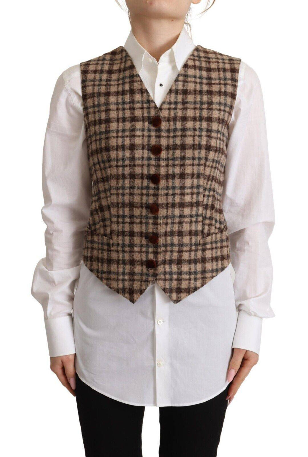 Gilet sans manches Dolce & Gabbana à carreaux marron et léopard avec col en V, style tendance et élégant.