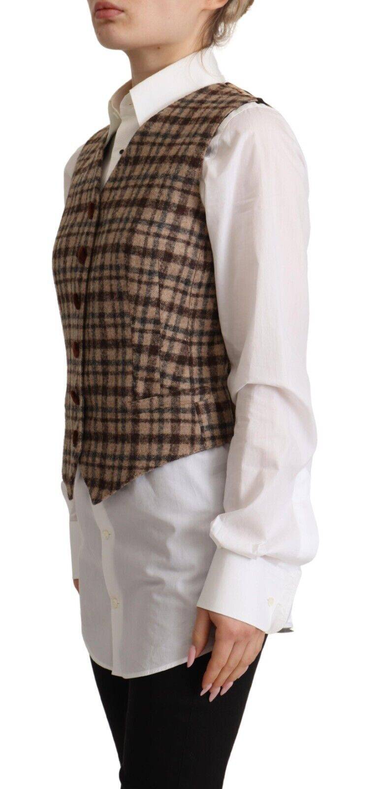 Gilet sans manches Dolce & Gabbana à carreaux marron et léopard avec col en V, style élégant et tendance.