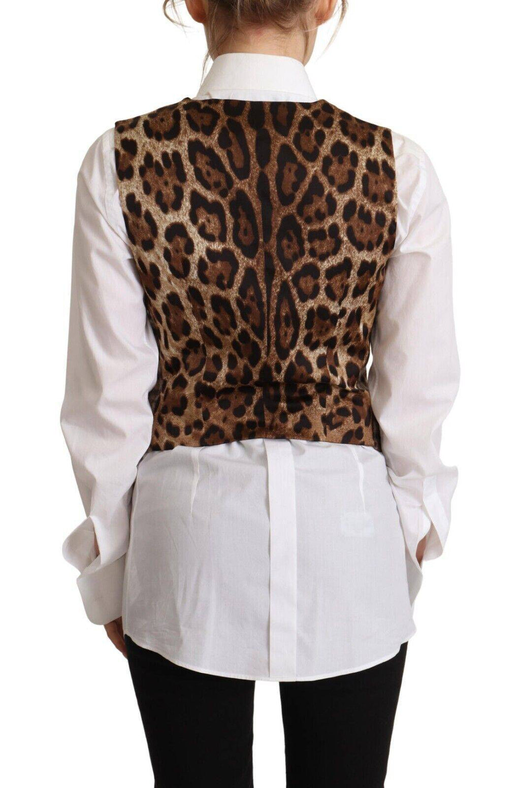 Gilet sans manches Dolce & Gabbana à carreaux marron et léopard avec col en V, style élégant et tendance.