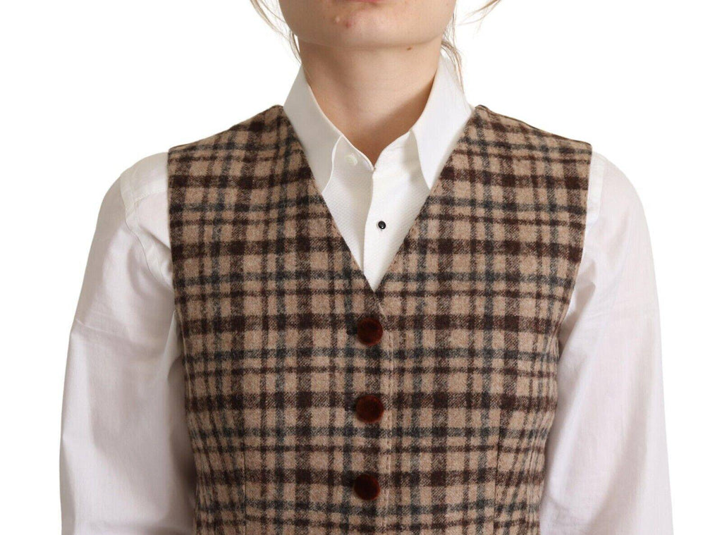 Veste sans manches Dolce & Gabbana à carreaux marron avec motif léopard et col en V, style élégant et tendance.