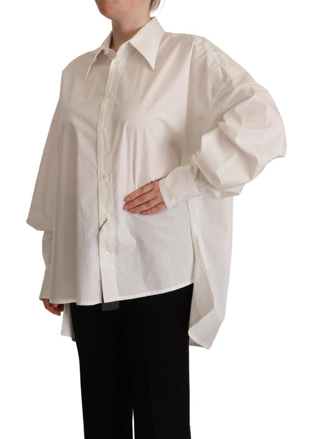 Chemise blanche en coton à manches longues avec col boutonné Dolce & Gabbana, vue de face.