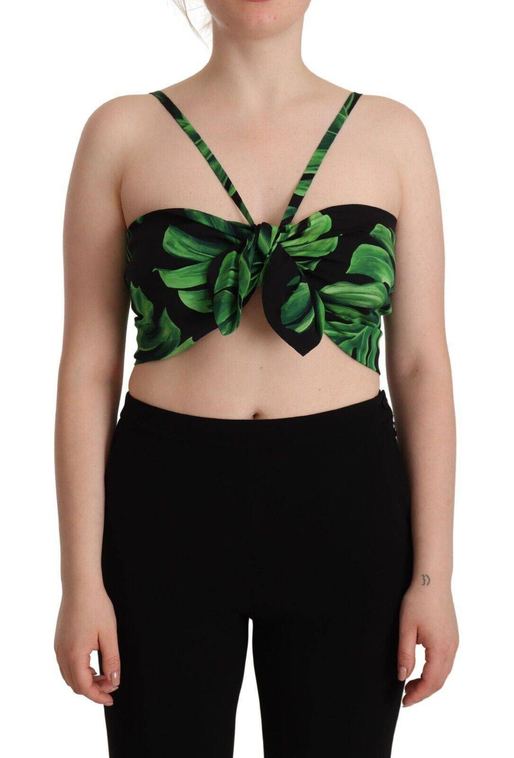 Top court en soie Dolce & Gabbana noir et vert à feuilles, style bustier court et halter, avec motifs végétaux élégants.