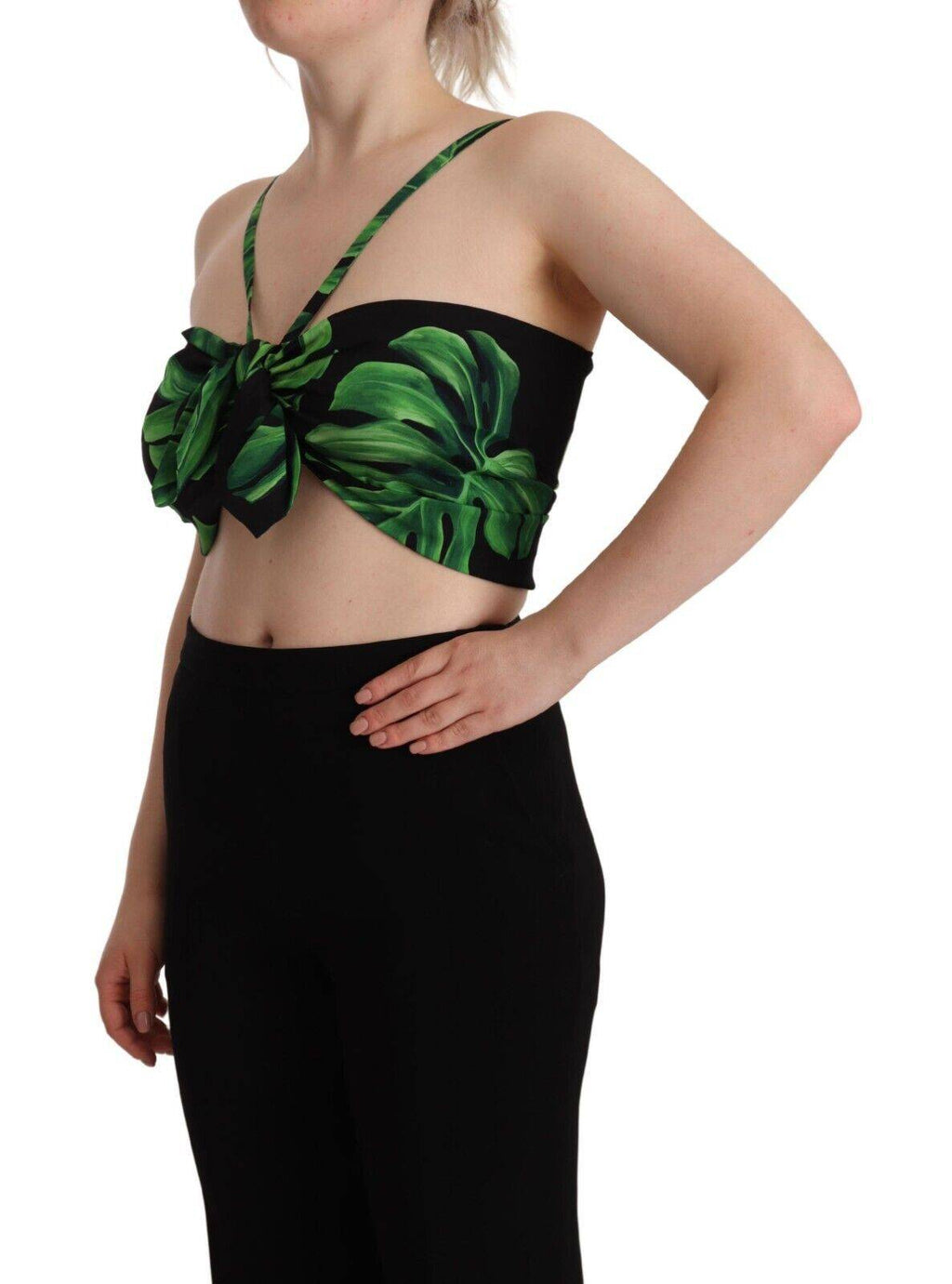 Haut court en soie Dolce & Gabbana noir et vert avec feuilles, design halter, tissu léger et élégant.