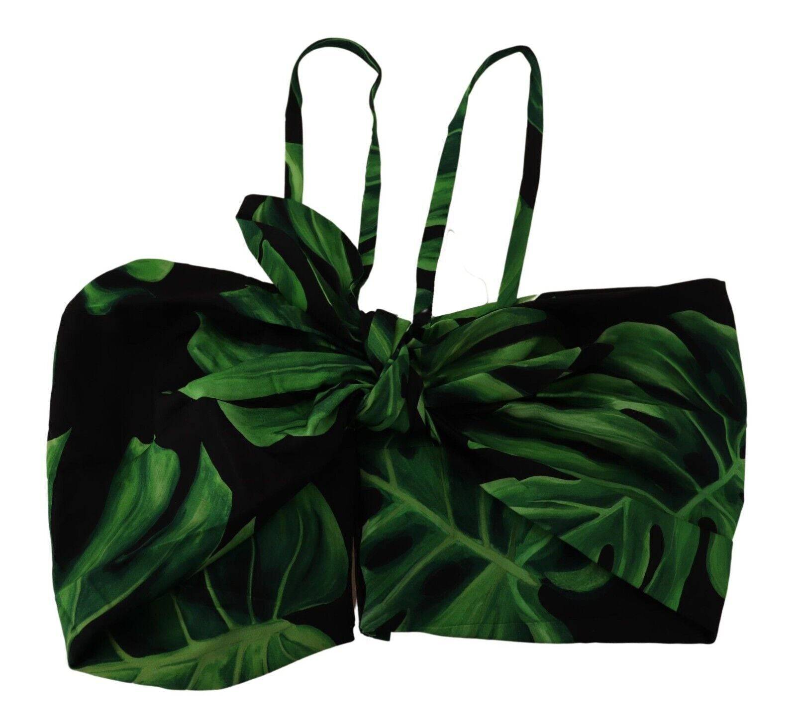 Haut cropé en soie noir et vert avec motif de feuilles, style halter de Dolce & Gabbana.