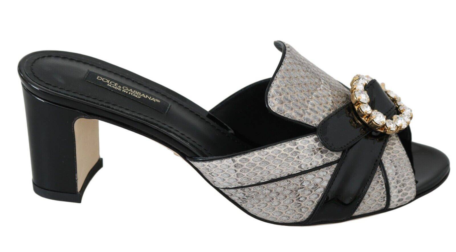 Sandales Dolce & Gabbana en cuir exotique noir et gris avec cristaux, chaussures élégantes et luxueuses.