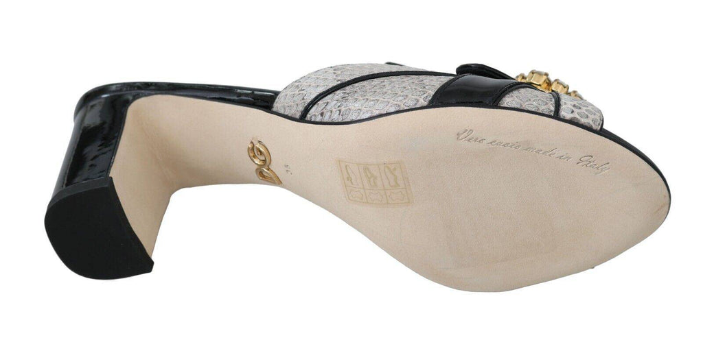 Sandales Dolce & Gabbana en cuir exotique noir et gris avec cristaux, chaussures élégantes en cuir pour femmes