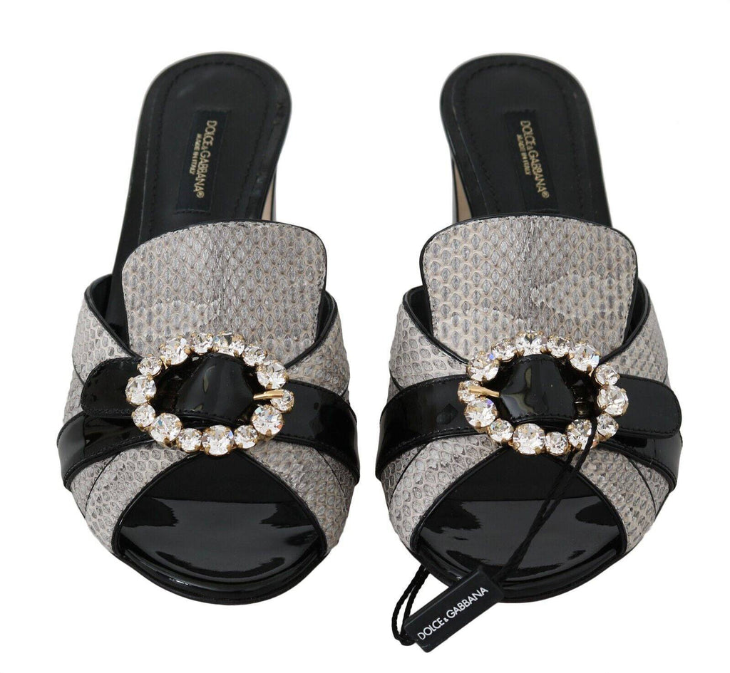 Sandales en cuir exotique noir et gris de Dolce & Gabbana avec cristaux, chaussures élégantes et sophistiquées.