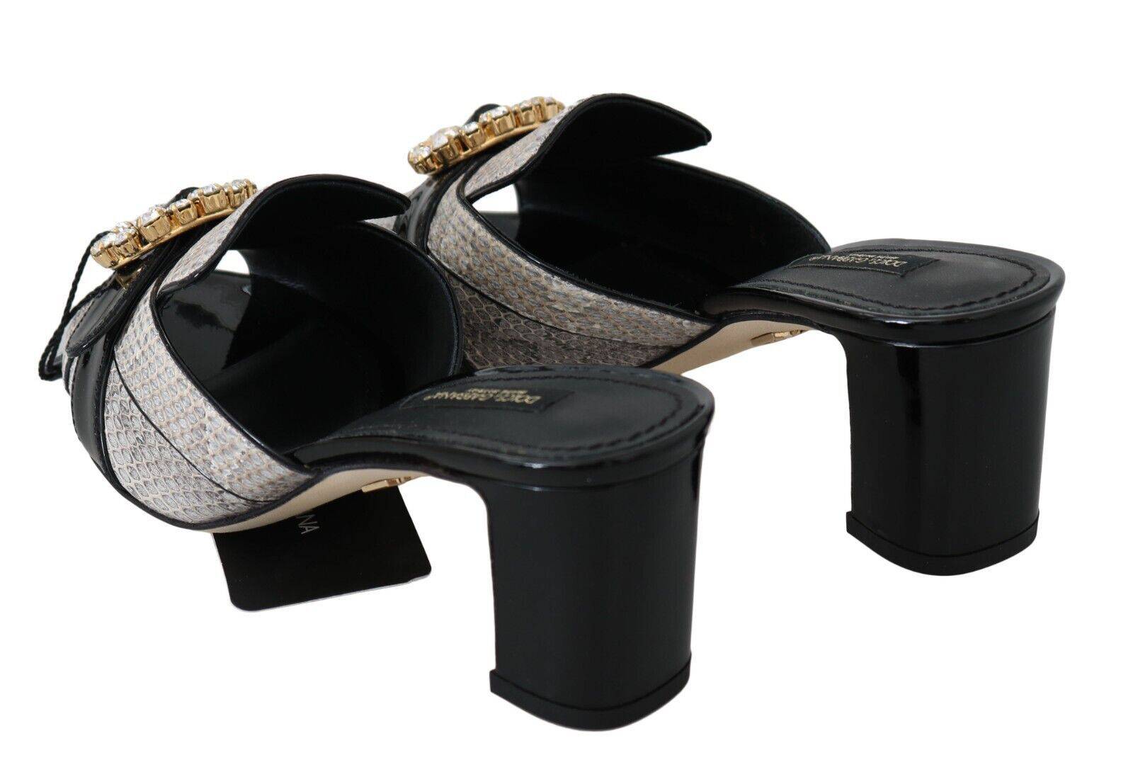 Sandales Dolce & Gabbana en cuir exotique noir et gris avec cristaux, chaussures élégantes et raffinées.