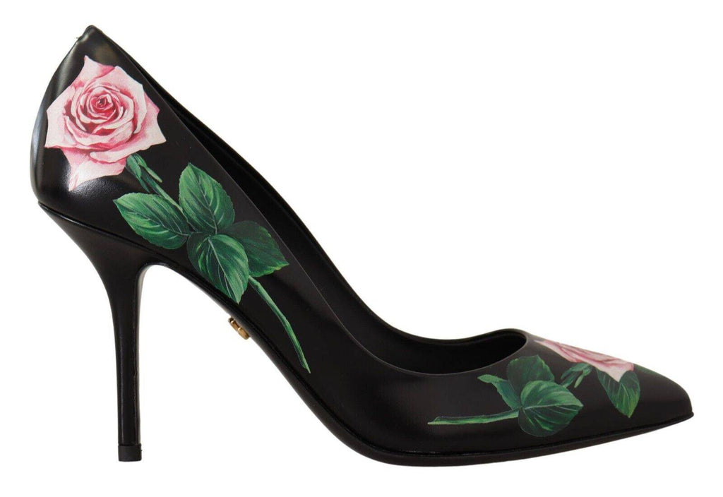 Chaussures à talons hauts Dolce & Gabbana en cuir noir avec roses, élégantes et sophistiquées pour femmes.